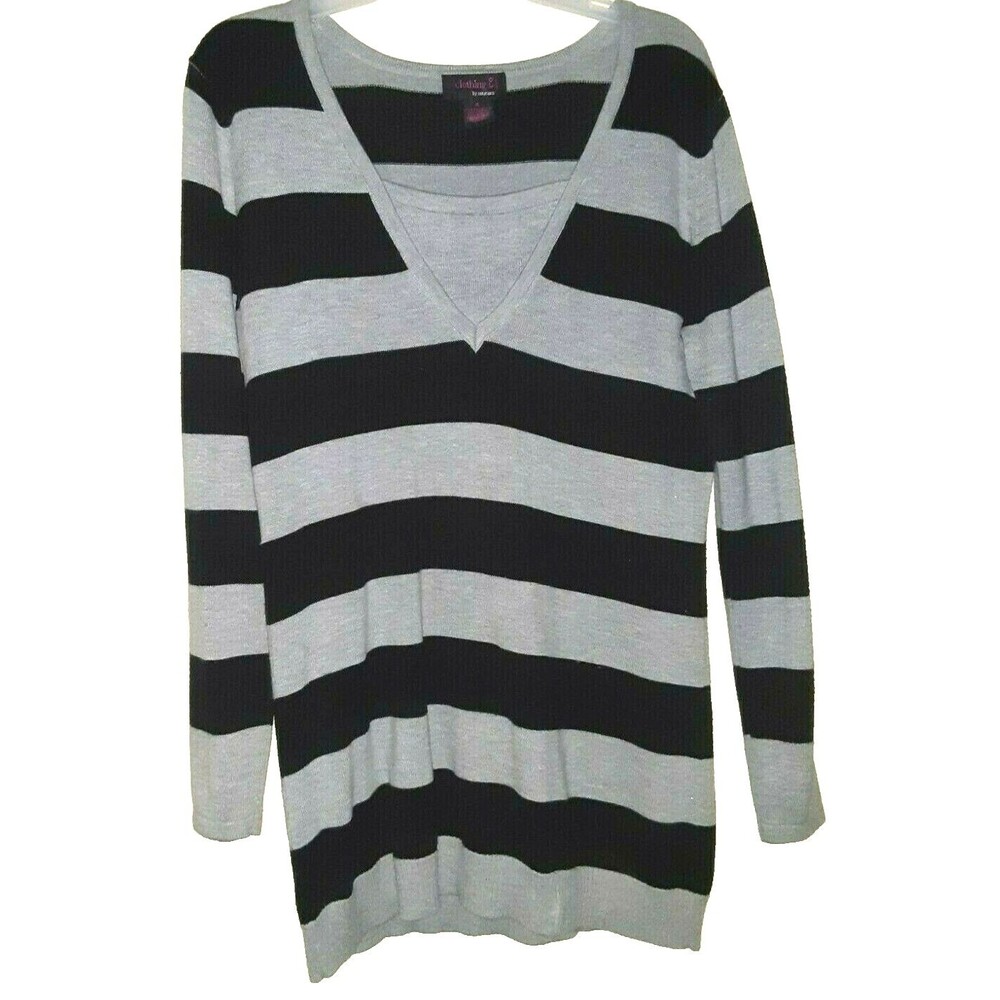 Clothing Co by Notations Black Gray Striped Women Sweater Top Size S (Run large)